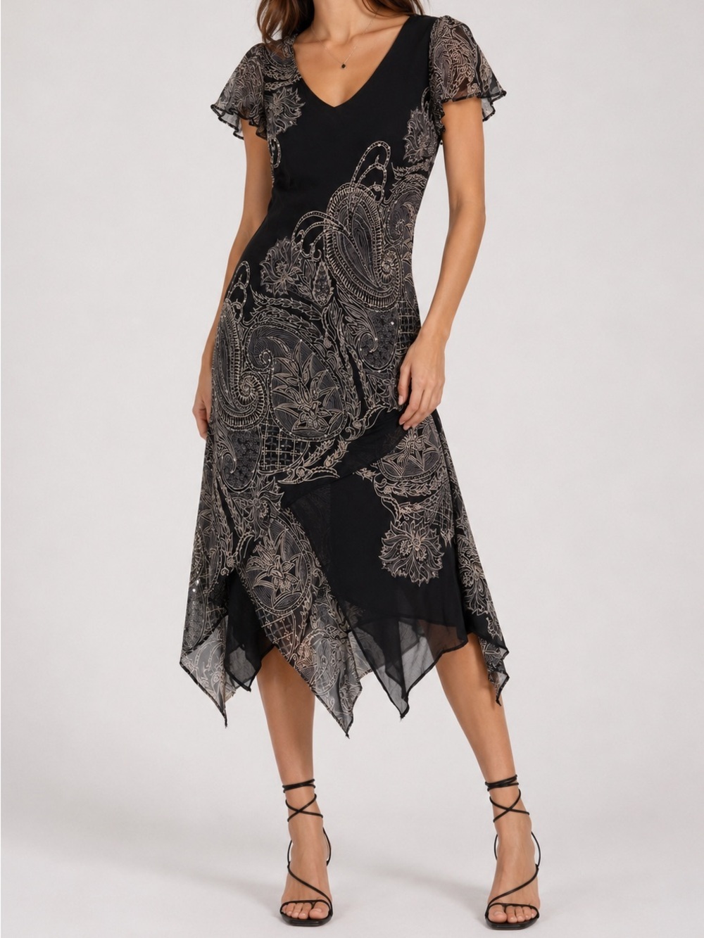 Evan Picone Petite Black Paisley whimsy goth handkerchief Hem Dress Size 4